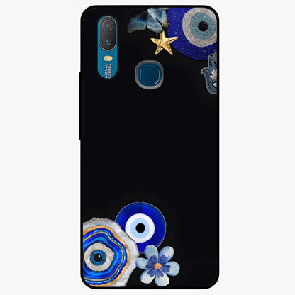 Aesthetic Blue Evil Eye Glass Case showing flat back view with protective evil eye artwork and glossy glass finish.