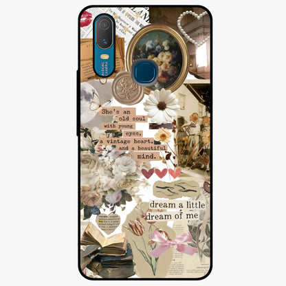 Aesthetic Brown Vintage Collage Glass Case showing flat back view with retro collage artwork and glossy glass finish.