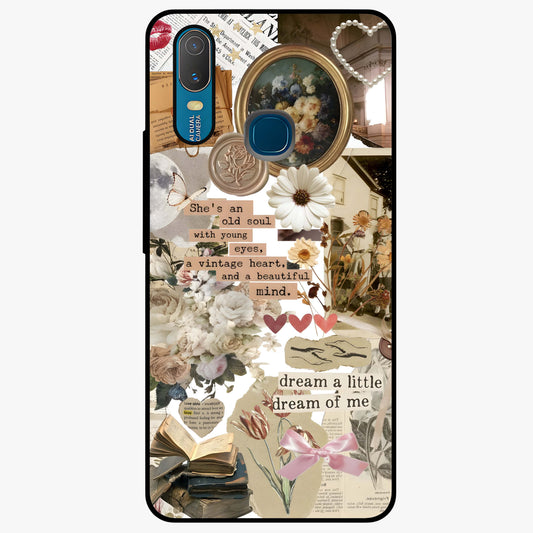 Aesthetic Brown Vintage Collage Glass Case showing flat back view with retro collage artwork and glossy glass finish.