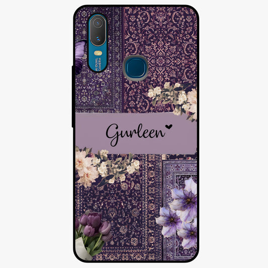 Antique Floral Whisper Custom Name Glass Case showing flat back view with vintage floral artwork and personalized name design.