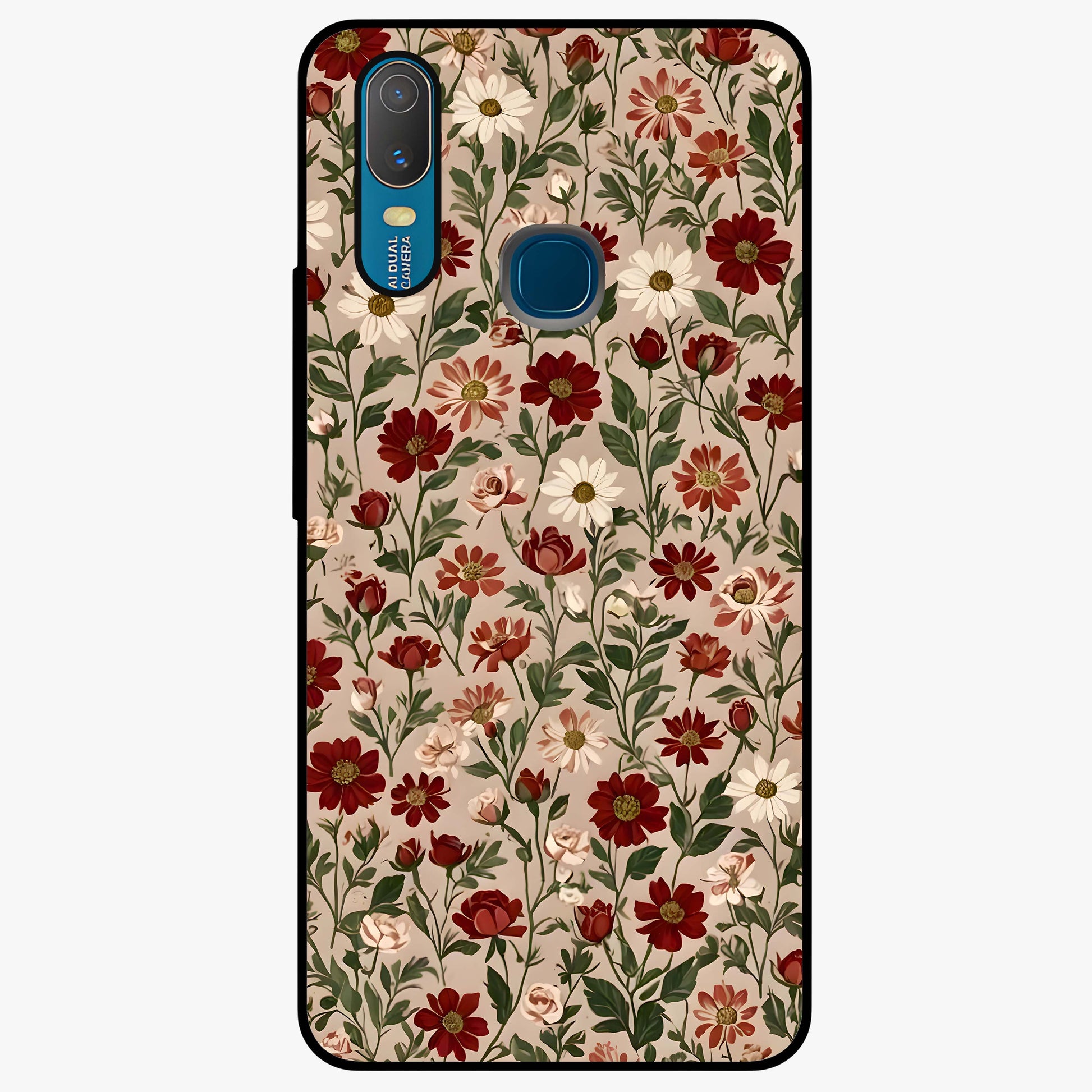 Biege Flower With Leaf Glass Case showing flat back view with soft beige floral artwork and glossy glass finish.