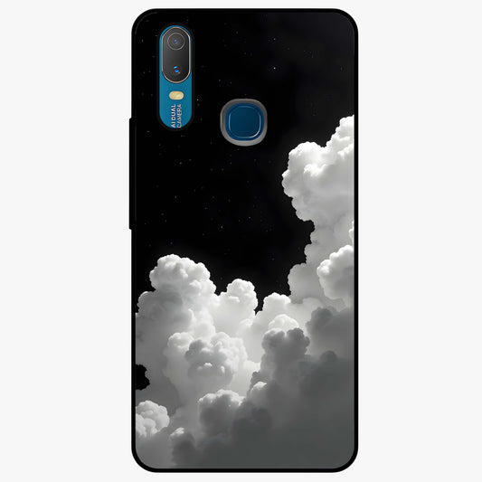 Black Background With White Cloud Glass Case showing flat back view with minimal cloud artwork on dark background and glossy glass finish.