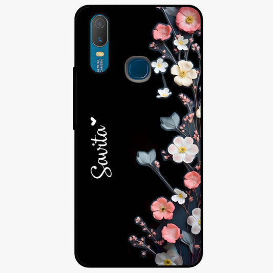 Black Elegance Floral Custom Name Glass Case showing flat back view with elegant floral artwork and personalized name design.