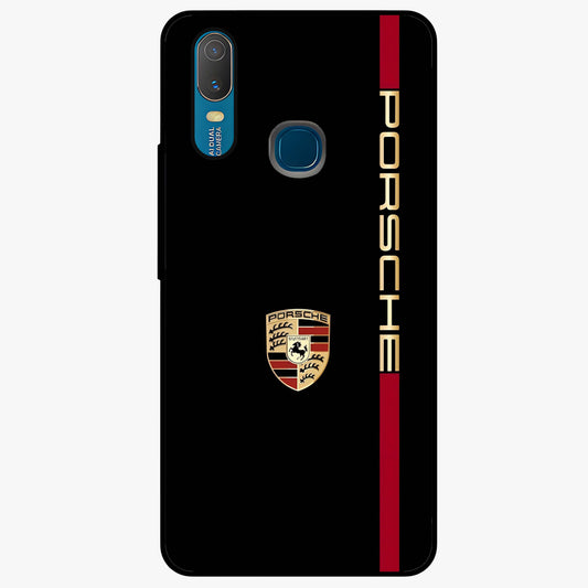 Black Minimal Porsche Glass Case showing flat back view with sleek minimal sports car artwork and glossy glass finish.