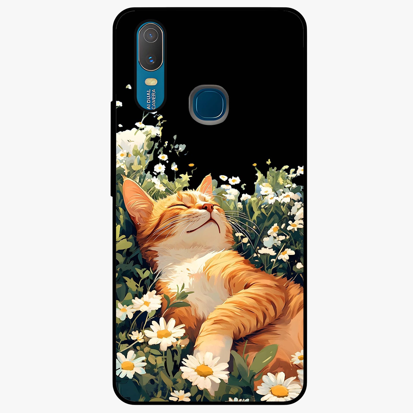 Blissful Bloom Cat Glass Case showing flat back view with cute cat and floral bloom artwork and glossy glass finish.