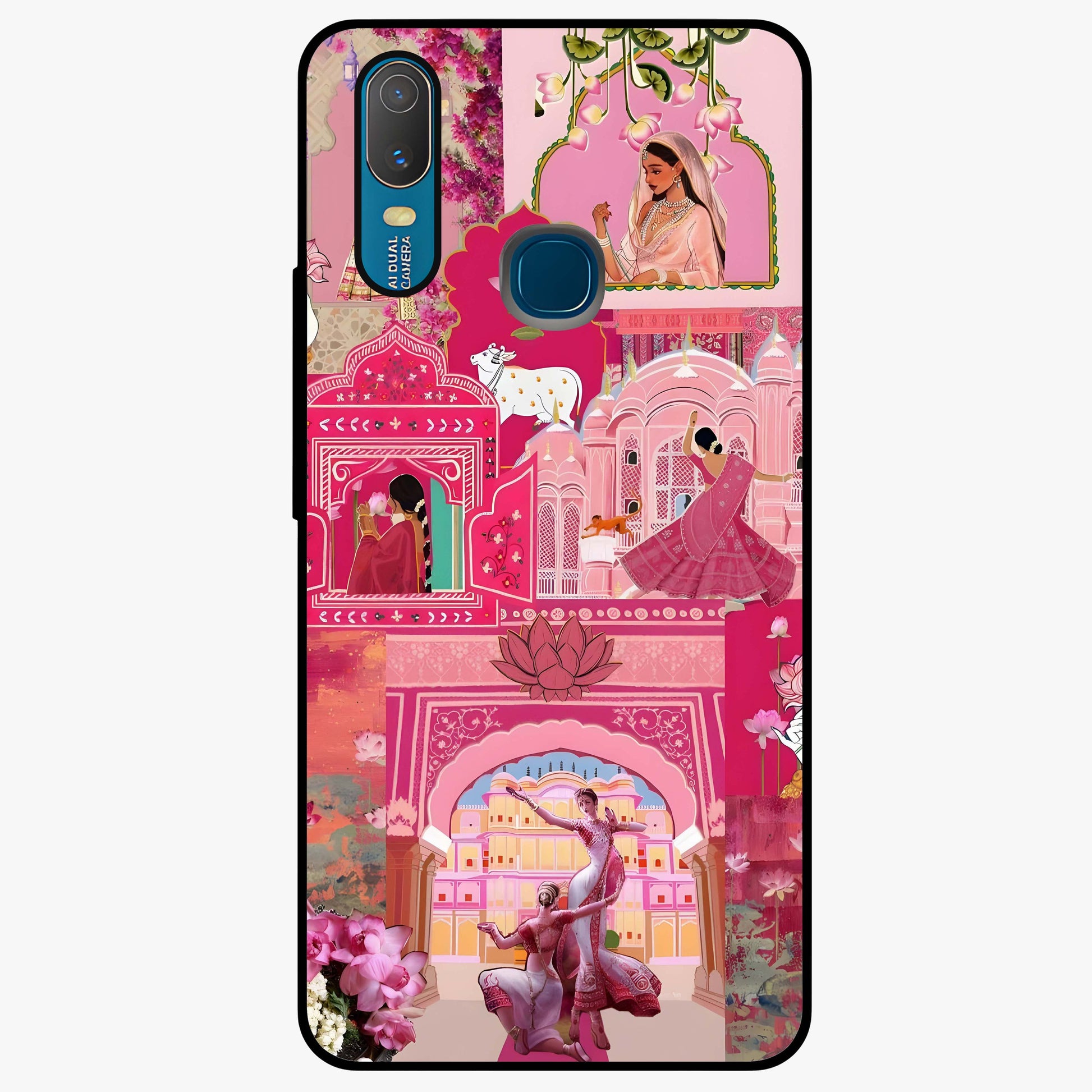 Blossoms of Rajasthan Glass Case showing flat back view with traditional floral artwork inspired by Rajasthan and glossy glass finish.