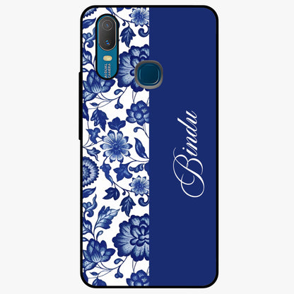 Blue Vintage Floral Pattern Glass Case upright view showcasing timeless floral illustration with vintage inspired style.