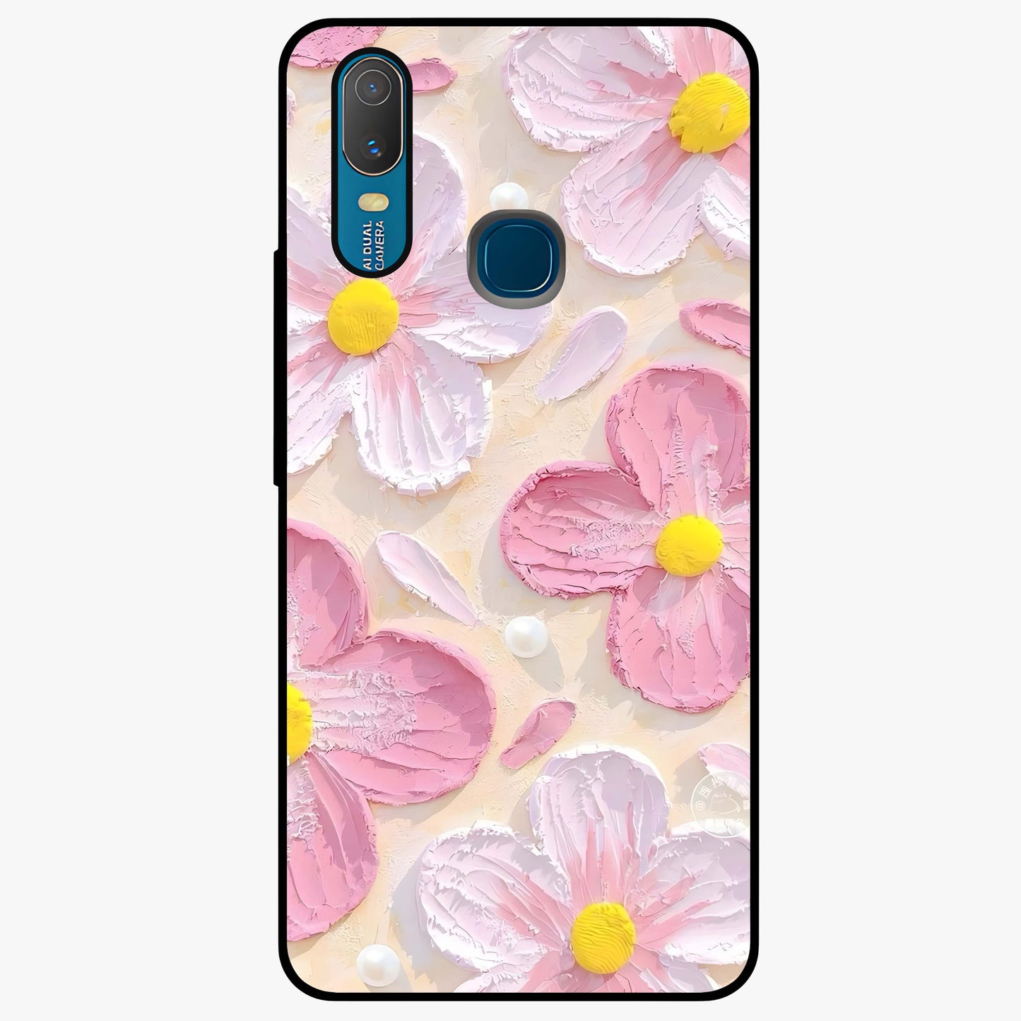 Blush Bloom Texture Glass Case showing flat back view with soft blush floral texture artwork and glossy glass finish.