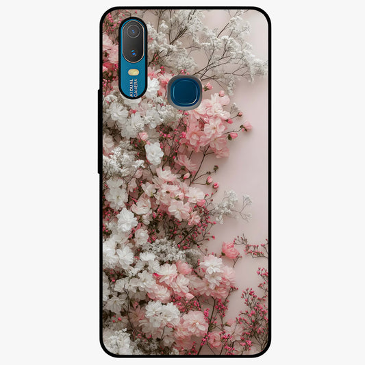 Blush Blossom Cloud Glass Case showing flat back view with dreamy blush cloud blossom artwork and glossy glass finish.