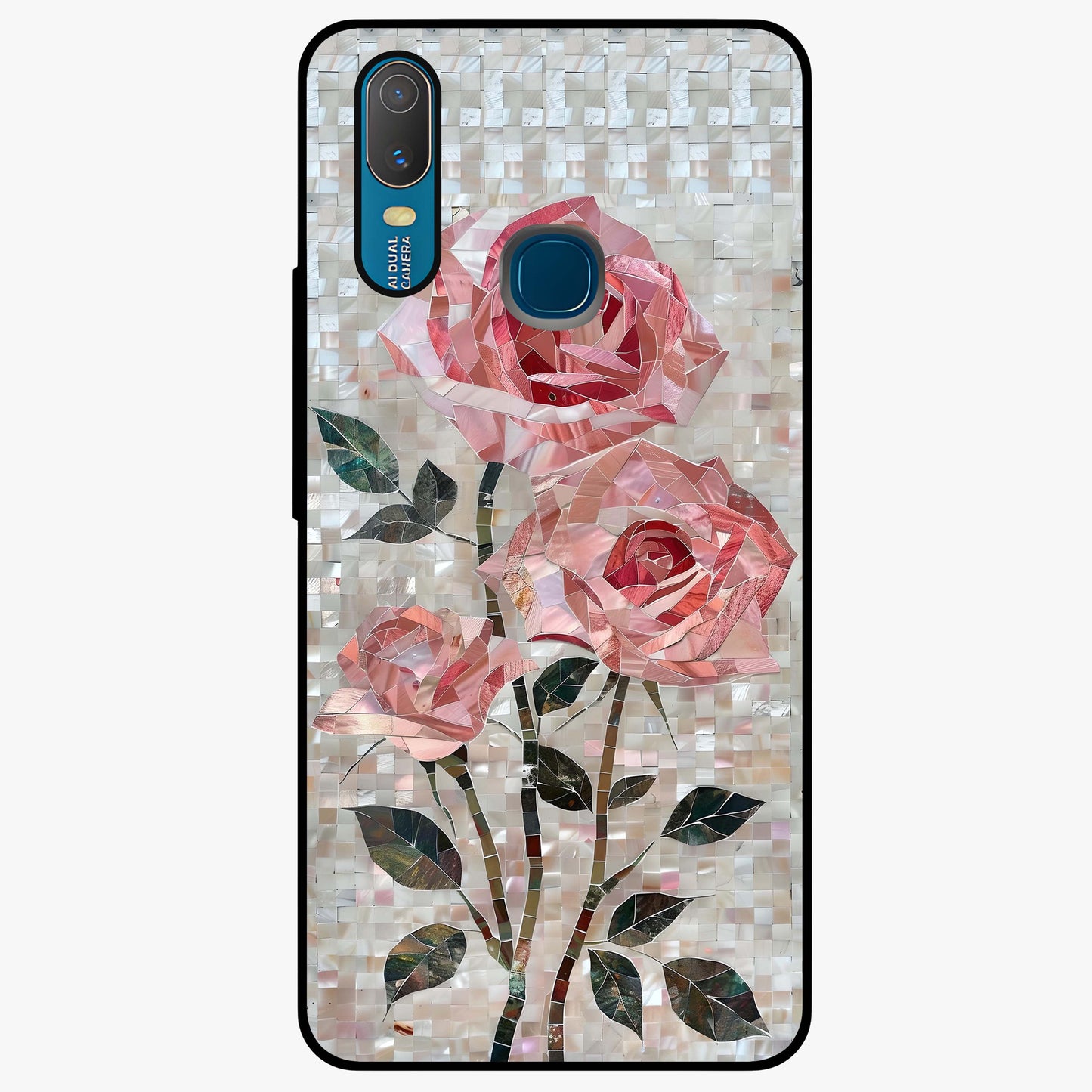 Blush Mosaic Bloom Glass Case showing flat back view with mosaic floral bloom artwork and glossy glass finish.