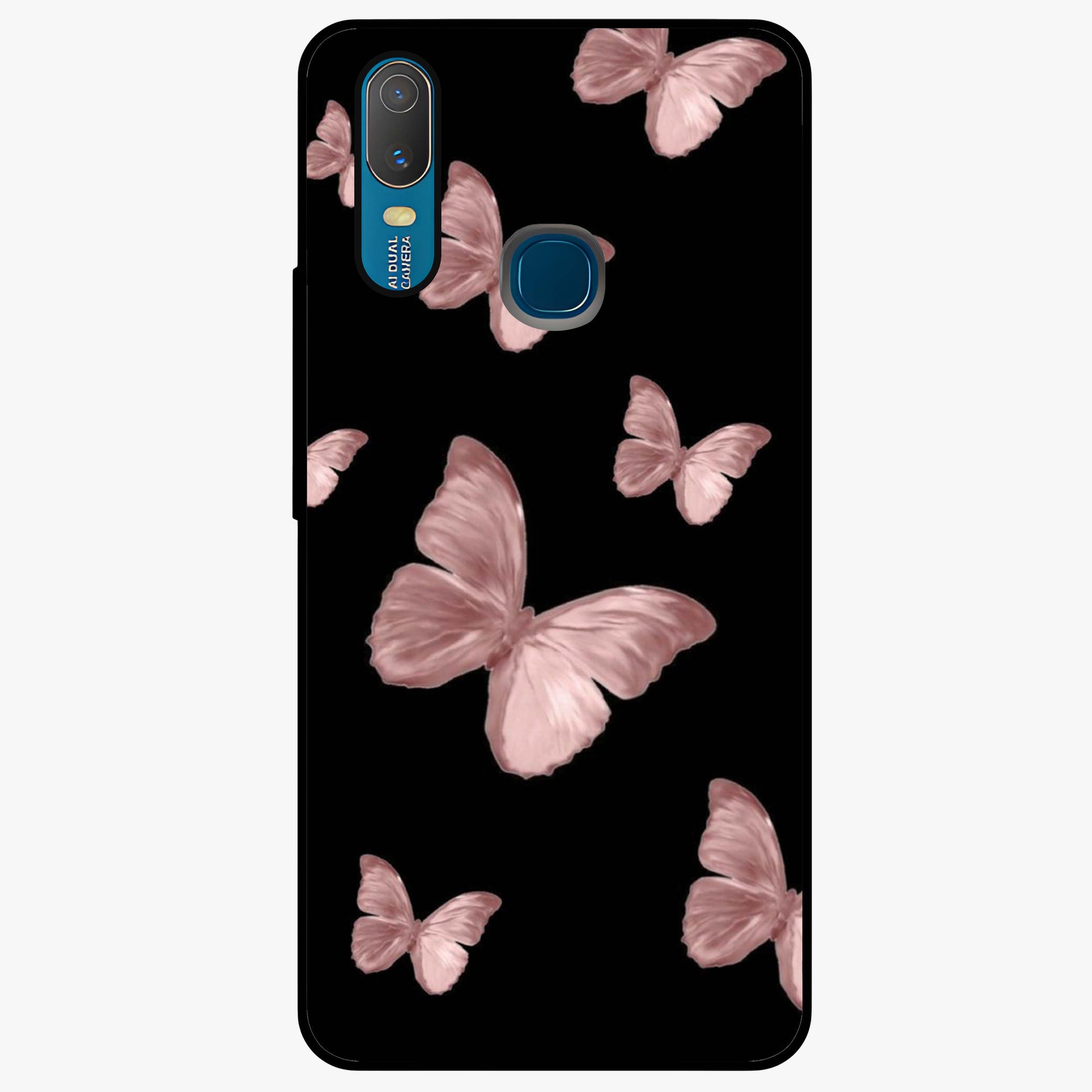 Butterfly Pattern Glass Case showing flat back view with elegant butterfly pattern artwork and glossy glass finish.