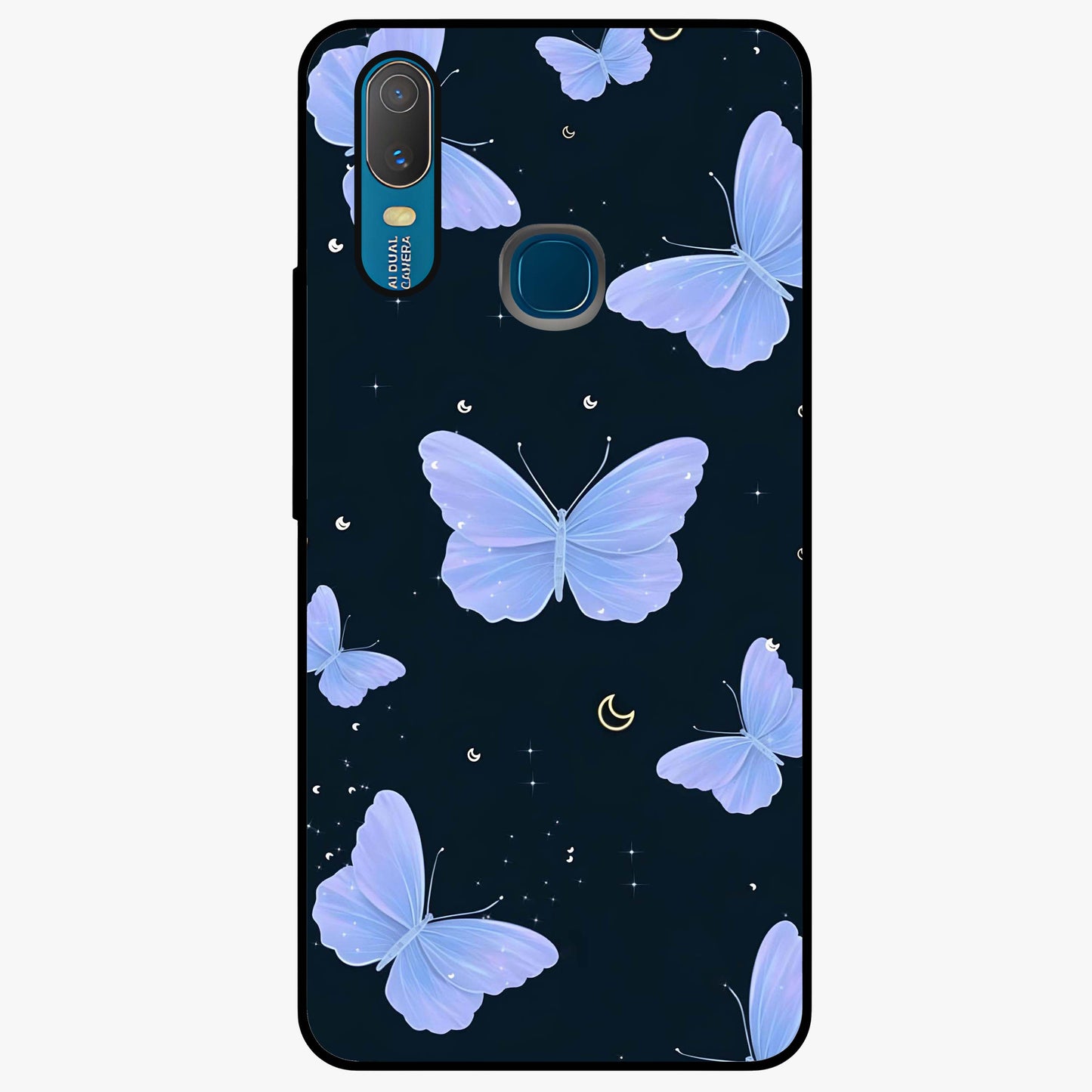 Butterfly With Stars Pattern Glass Case showing flat back view with butterfly and star pattern artwork and glossy glass finish.