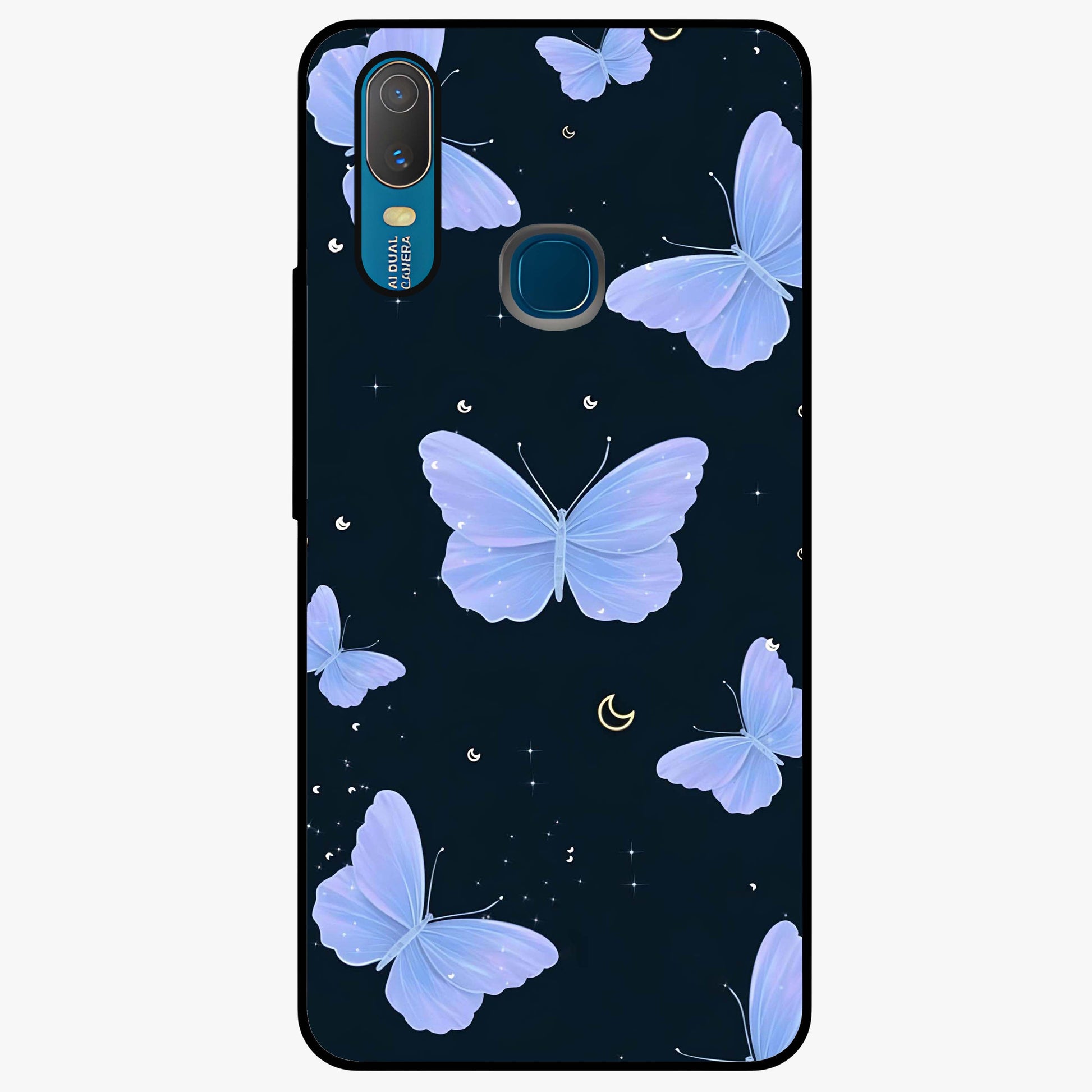 Butterfly With Stars Pattern Glass Case showing flat back view with butterfly and star pattern artwork and glossy glass finish.