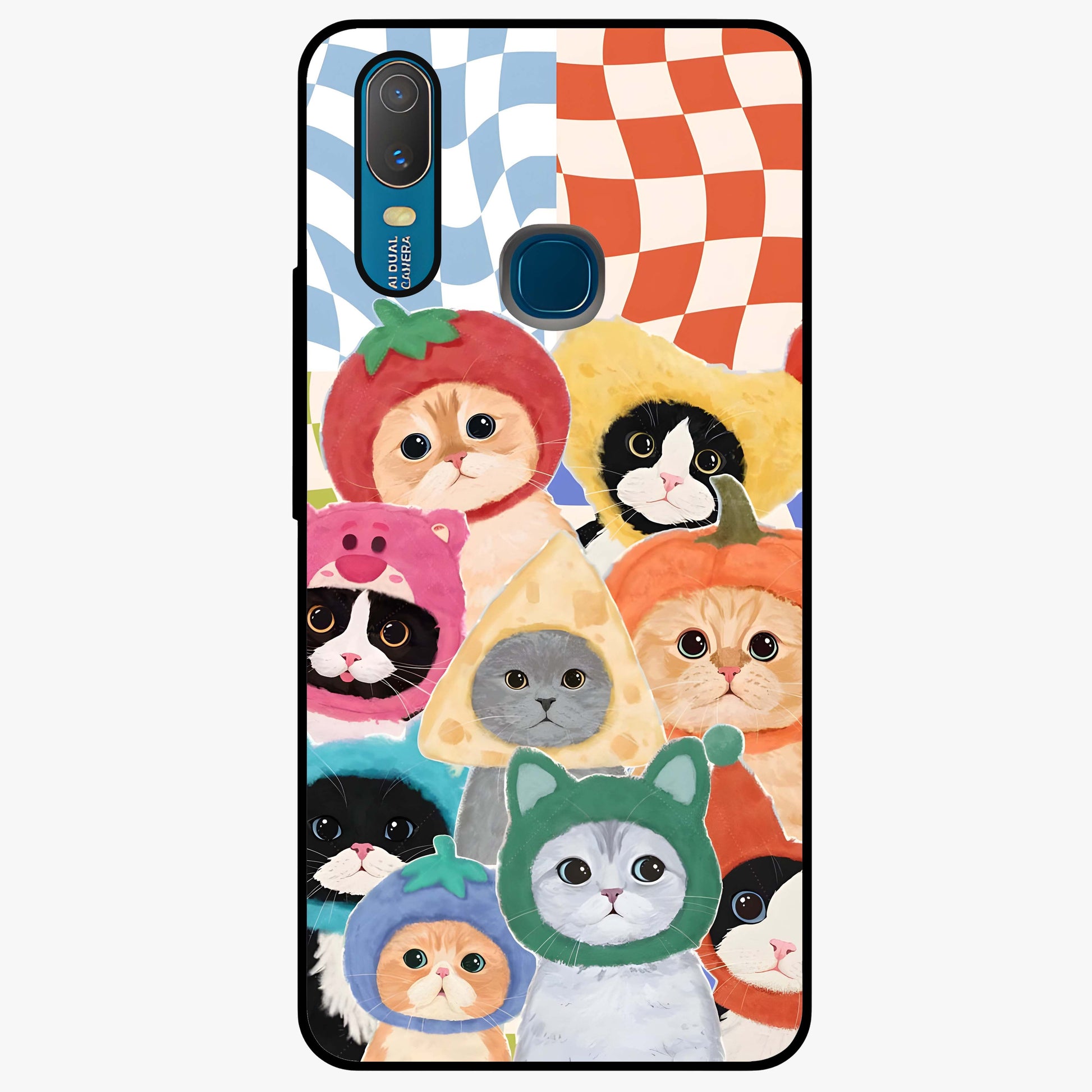 Cats in Fruits Glass Case showing flat back view with playful cat illustrations inside fruit artwork and glossy glass finish.