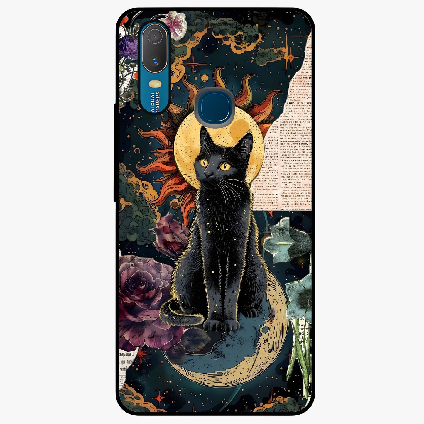 Celestial Black Cat Glass Case showing flat back view with mystical black cat artwork and glossy glass finish.
