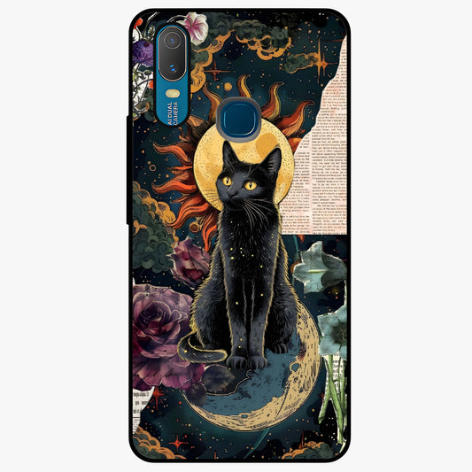 Celestial Black Cat Glass Case showing flat back view with mystical black cat artwork and glossy glass finish.