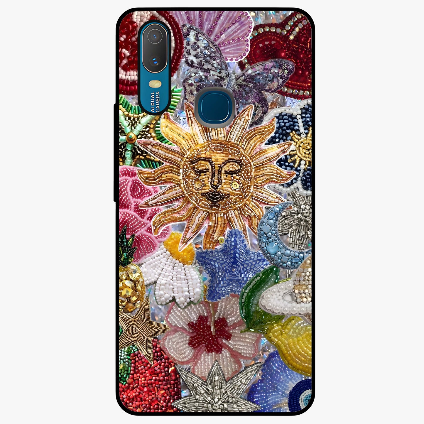 Celestial Floral and Playful Glass Case showing flat back view with floral and celestial themed artwork and glossy glass finish.