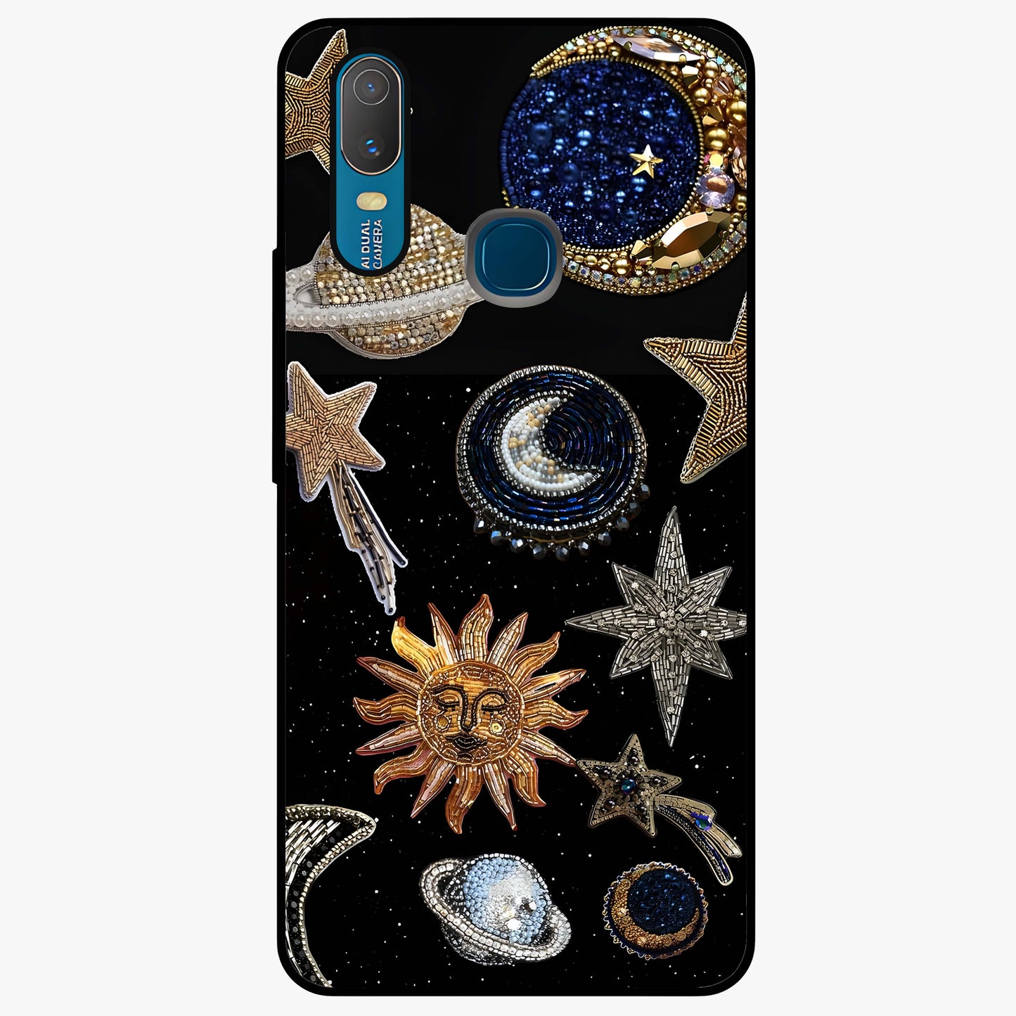Celestial Gem Constellations Glass Case showing flat back view with sparkling constellation artwork and glossy glass finish.