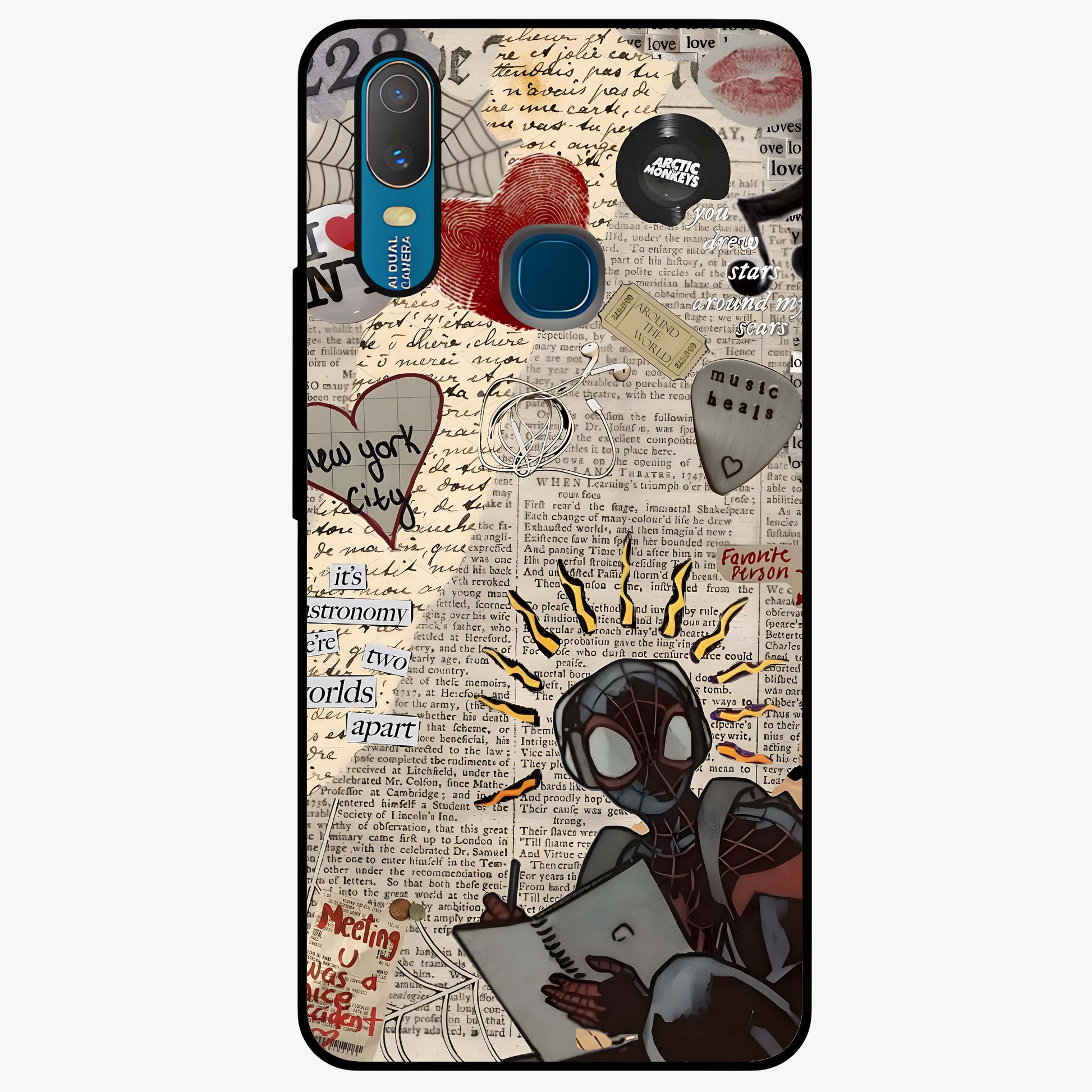 City Dream Sketch Glass Case showing flat back view with artistic city skyline sketch artwork and glossy glass finish.