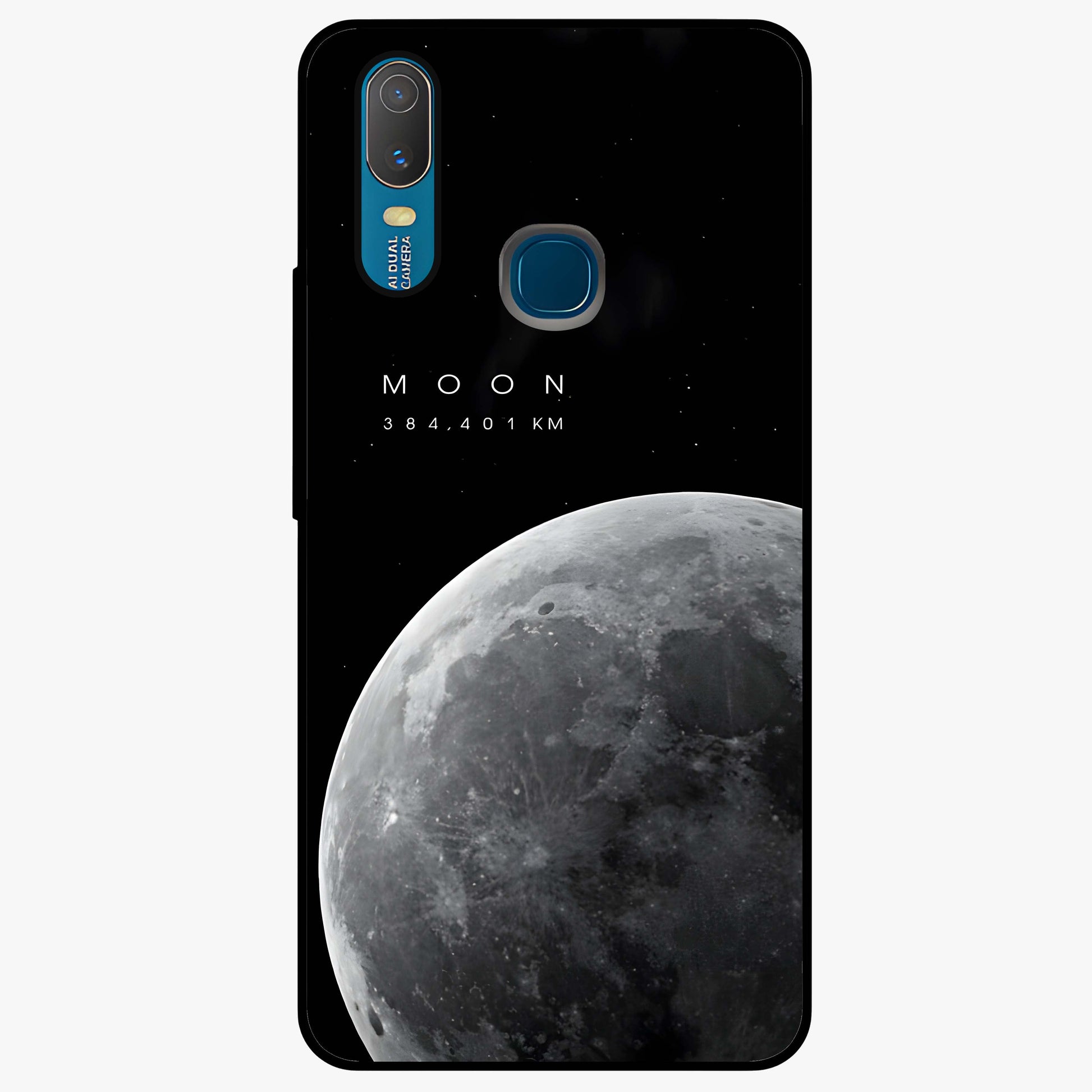 Cosmic Moon Glow Glass Case showing flat back view with glowing moon artwork and glossy glass finish.