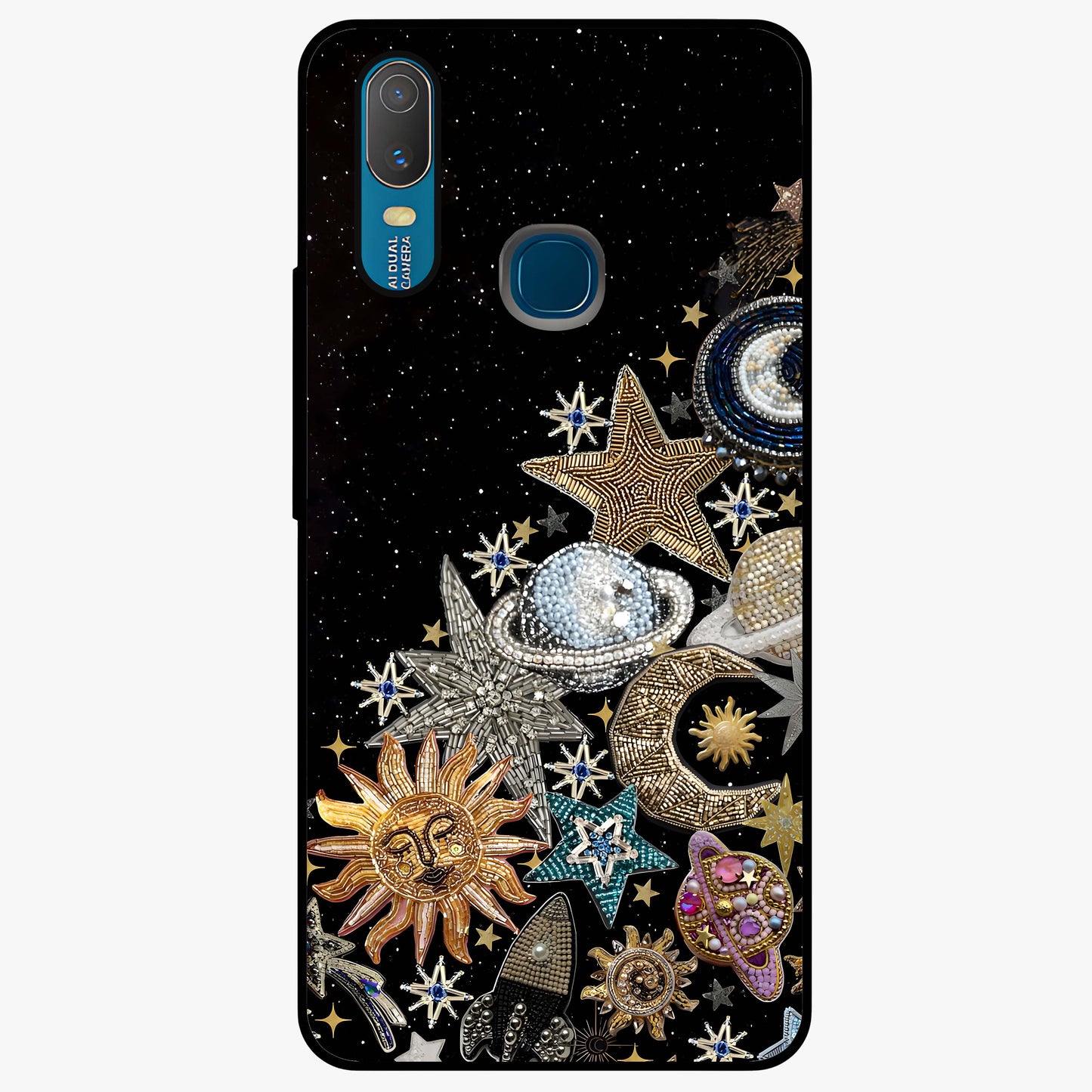 Cosmic Sparkle Dreams Glass Case showing flat back view with sparkling cosmic artwork and glossy glass finish.