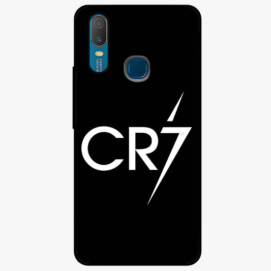 Cr7 Elite Strike Glass Case showing flat back view with dynamic football inspired artwork and glossy glass finish.