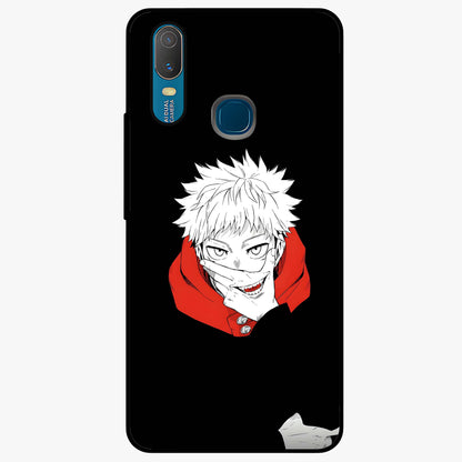 Crimson Chaos Smile Glass Case showing flat back view with bold chaotic smile artwork and glossy glass finish.