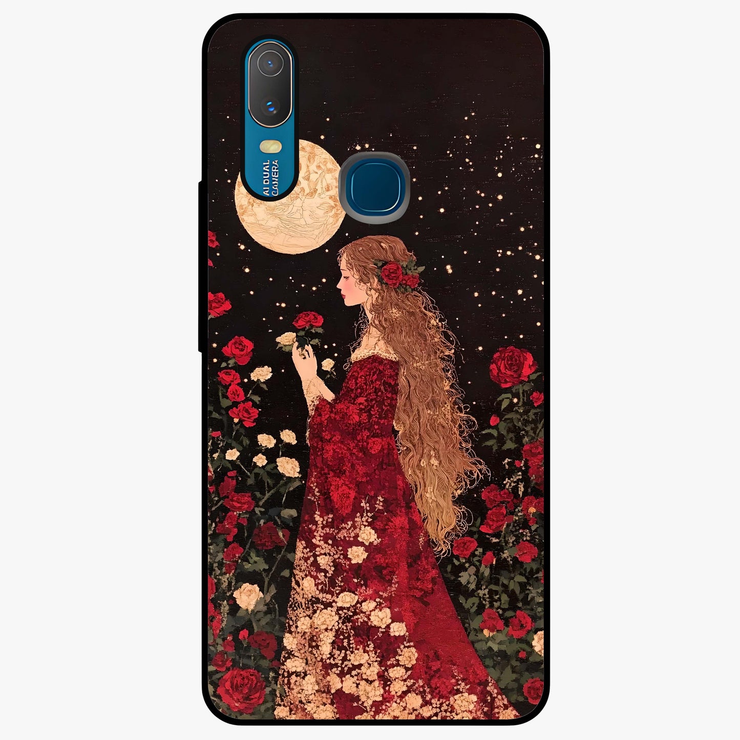 Crimson Dreams Glass Case showing flat back view with dreamy crimson artwork and glossy glass finish.