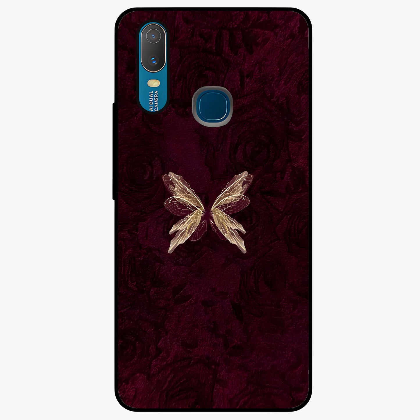 Crimson Fade Butterfly Glass Case showing flat back view with fading butterfly artwork and glossy glass finish.