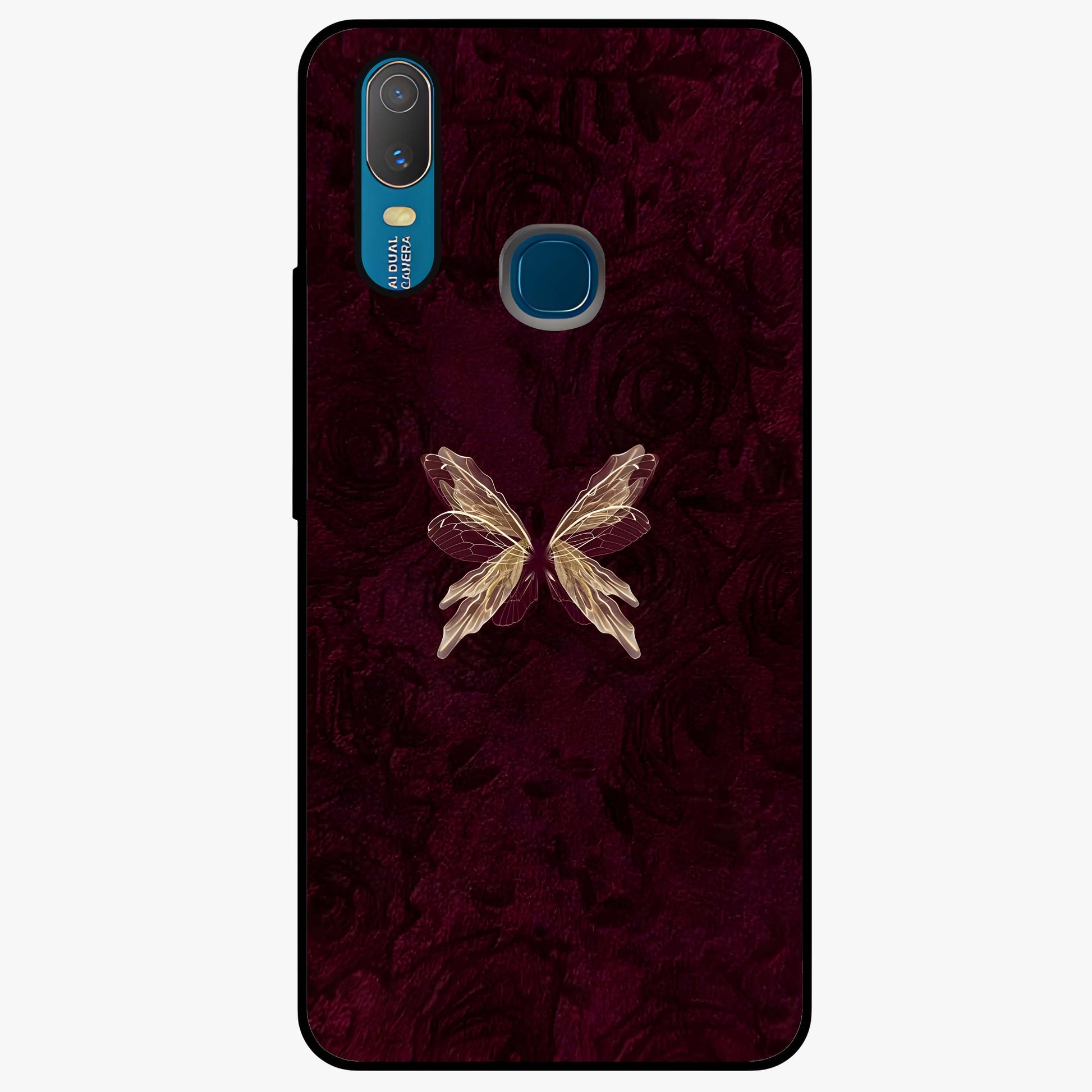 Crimson Fade Butterfly Glass Case showing flat back view with fading butterfly artwork and glossy glass finish.