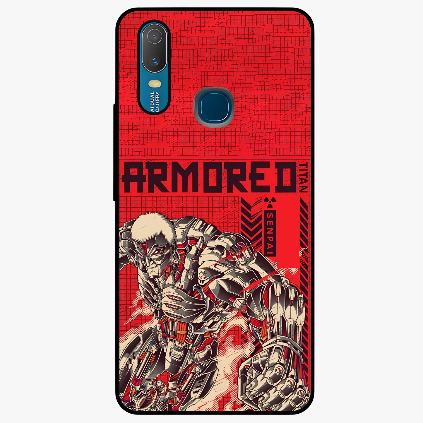Crimson Mecha Titan Glass Case showing flat back view with powerful mech titan artwork and glossy glass finish.