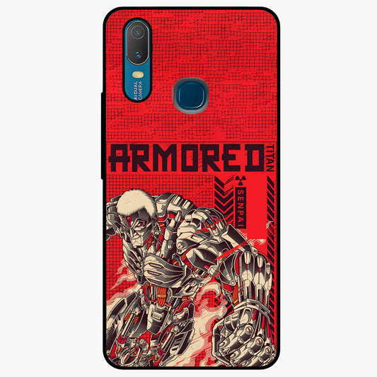 Crimson Mecha Titan Glass Case showing flat back view with powerful mech titan artwork and glossy glass finish.