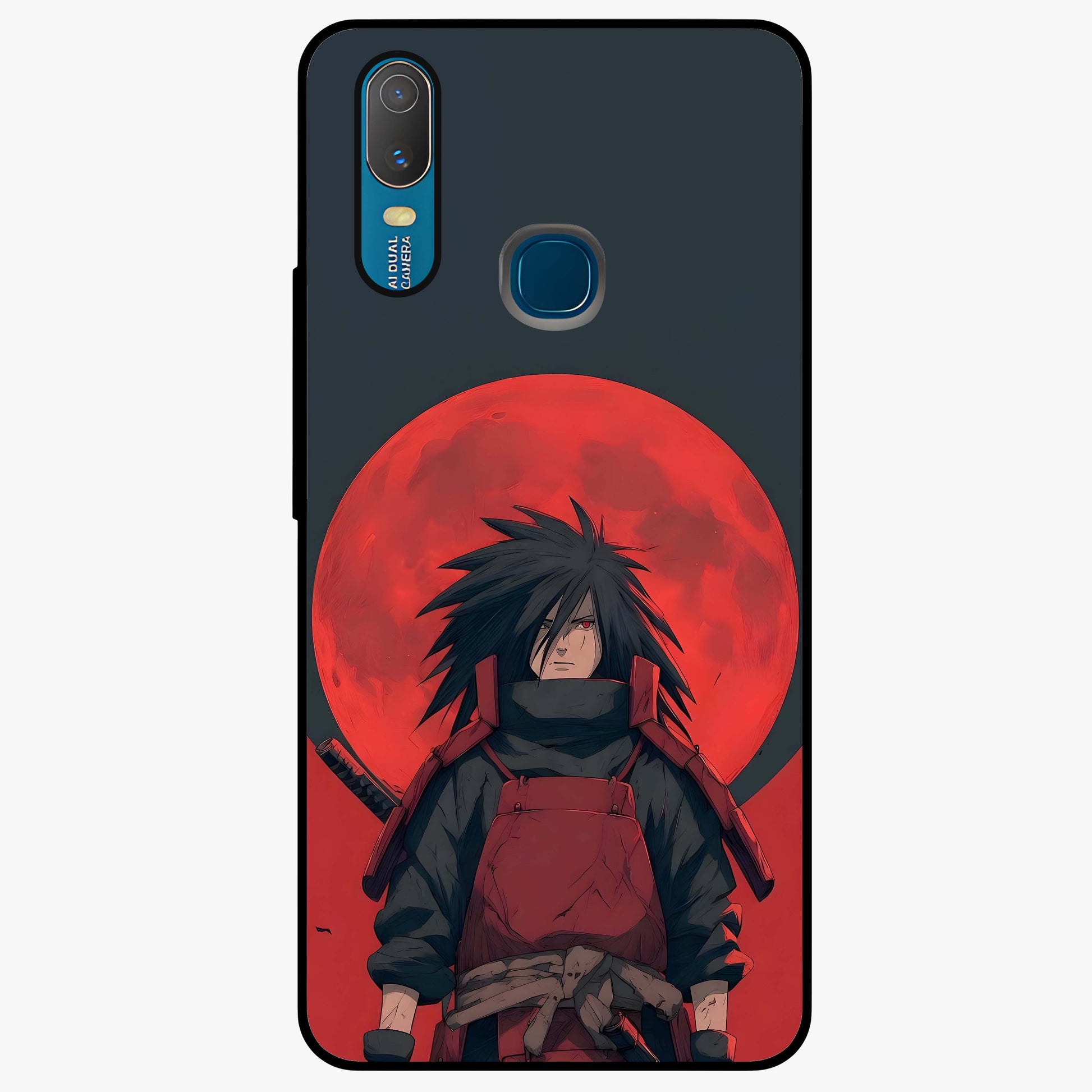 Crimson Moon Warlord Glass Case showing flat back view with mystical moon warrior artwork and glossy glass finish.