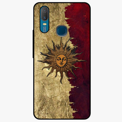 Crimson Sun Majesty Glass Case showing flat back view with radiant sun inspired artwork and glossy glass finish.