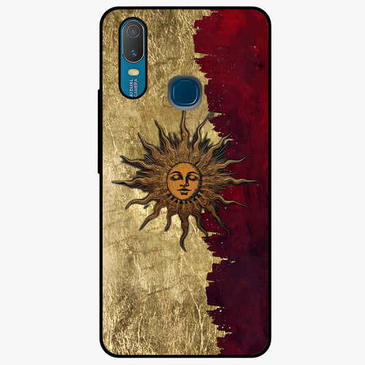 Crimson Sun Majesty Glass Case showing flat back view with radiant sun inspired artwork and glossy glass finish.