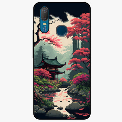 Crimson Temple View Glass Case showing flat back view with temple inspired artwork and glossy glass finish.