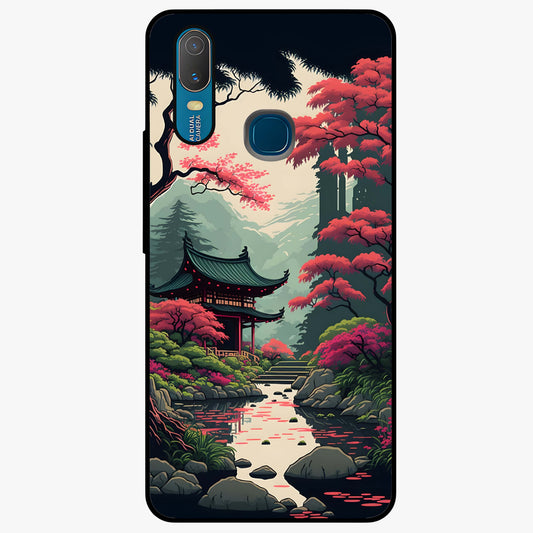 Crimson Temple View Glass Case showing flat back view with temple inspired artwork and glossy glass finish.