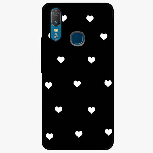 Cute And Simple White Hearts Glass Case showing flat back view with minimal white heart pattern and glossy glass finish.