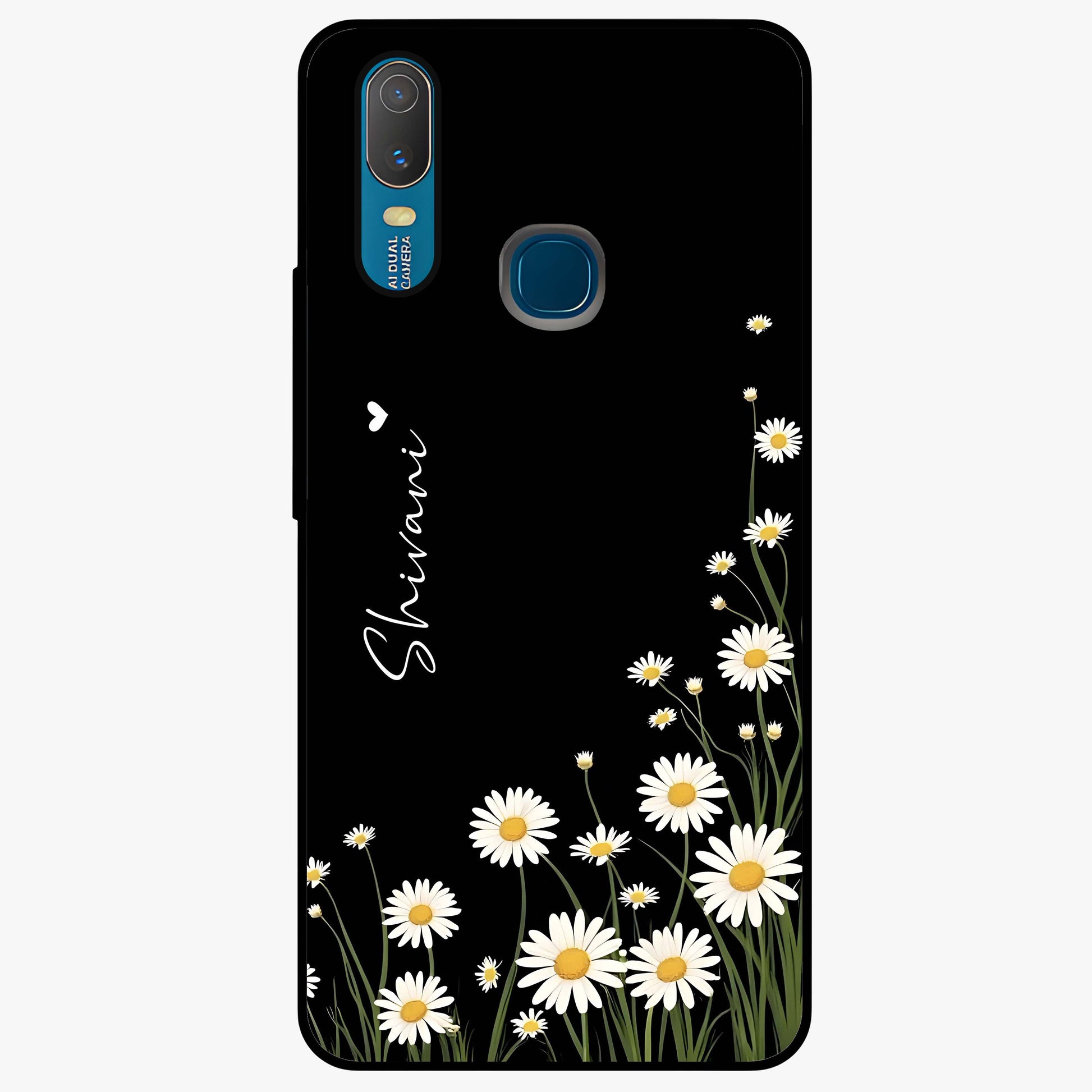 Daisy Cascade Custom Name Glass Case showing flat back view with cascading daisy flowers and personalized name design.