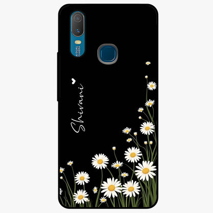 Daisy Cascade Custom Name Glass Case showing flat back view with cascading daisy flowers and personalized name design.