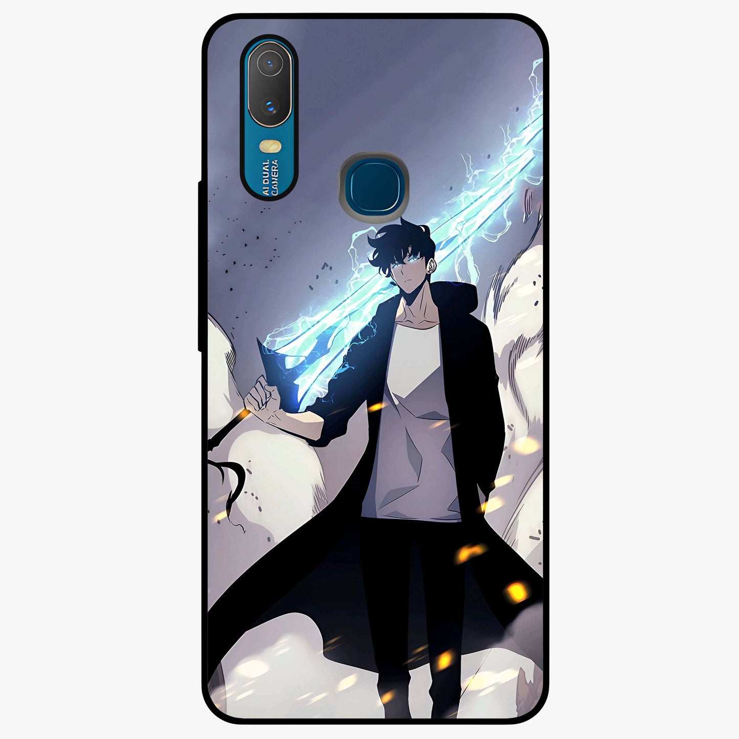 Dark Lightning Anime Warrior Glass Case showing flat back view with intense anime warrior artwork and glossy glass finish.