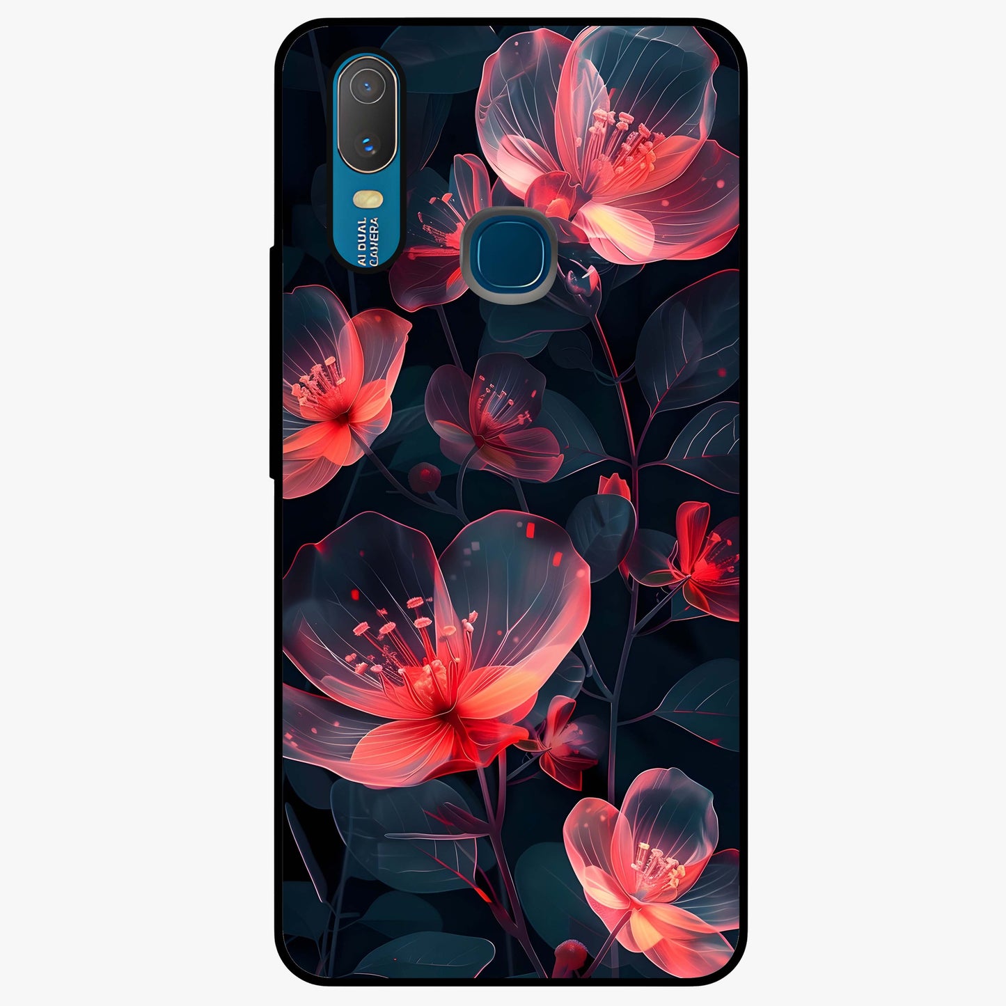 Dark Shade of Flower Glass Case showing flat back view with elegant dark floral artwork and glossy glass finish.