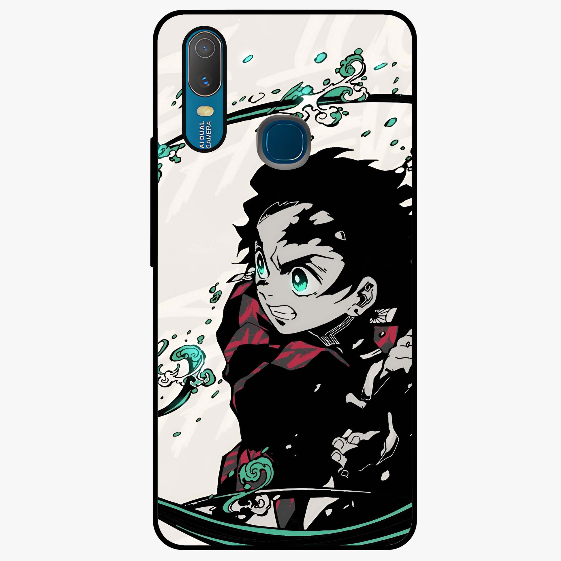 Demon Slayer Glass Case showing flat back view with bold anime inspired artwork and glossy glass finish.