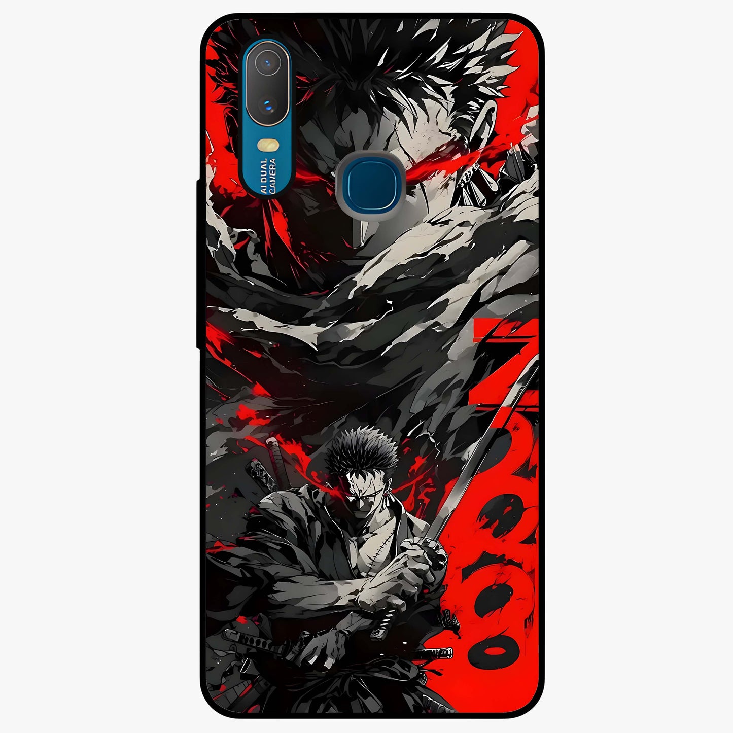 Demon Sword Resolve Glass Case showing flat back view with fierce sword warrior artwork and glossy glass finish.