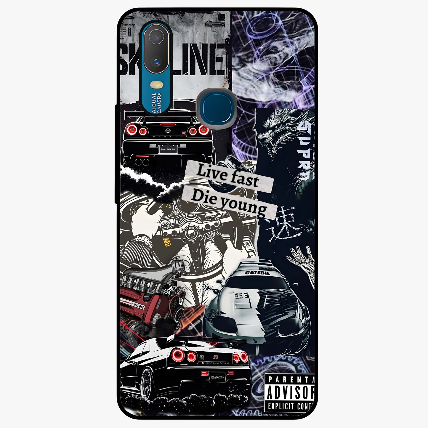 Die Young Glass Case showing flat back view with bold artistic typography design and glossy glass finish.