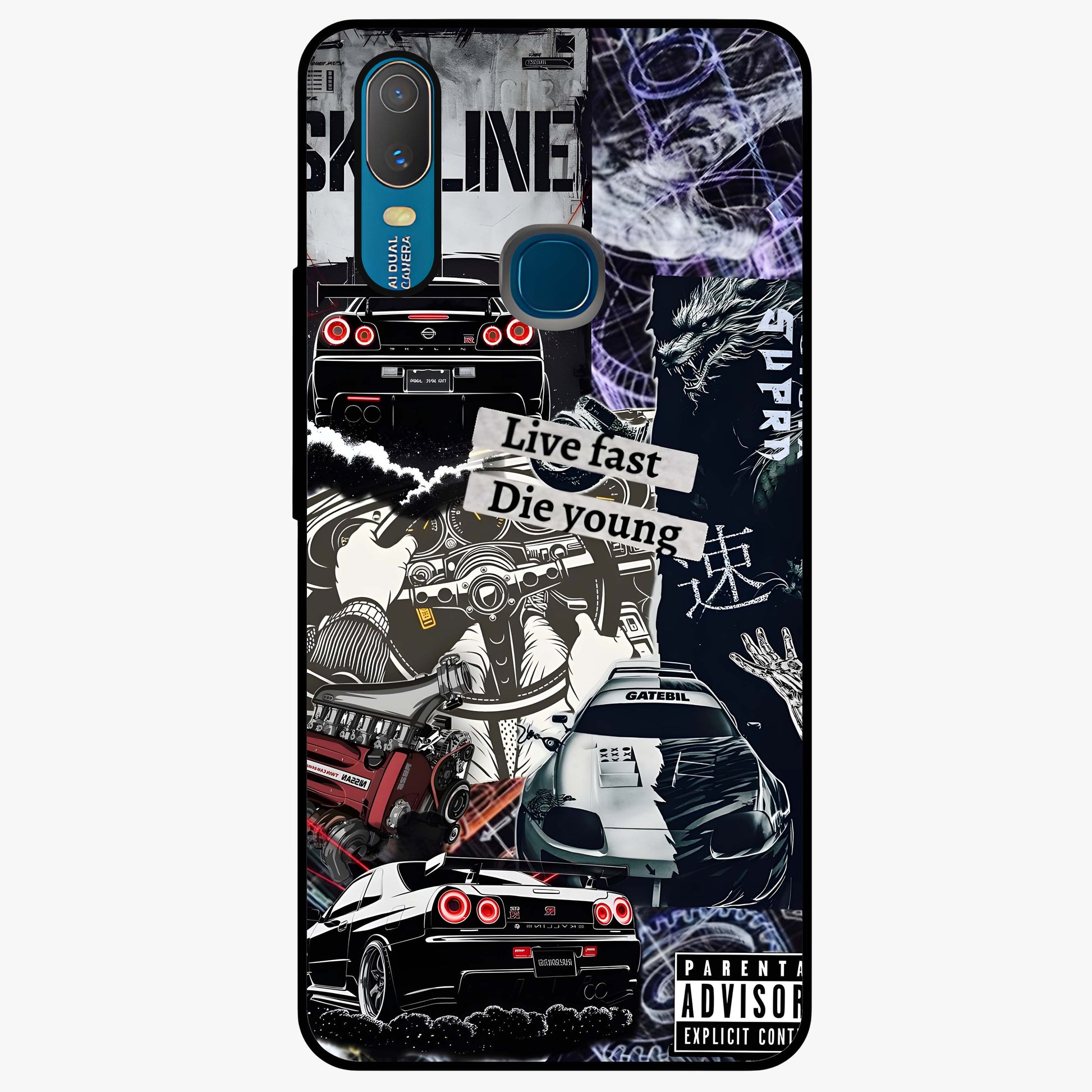 Die Young Glass Case showing flat back view with bold artistic typography design and glossy glass finish.