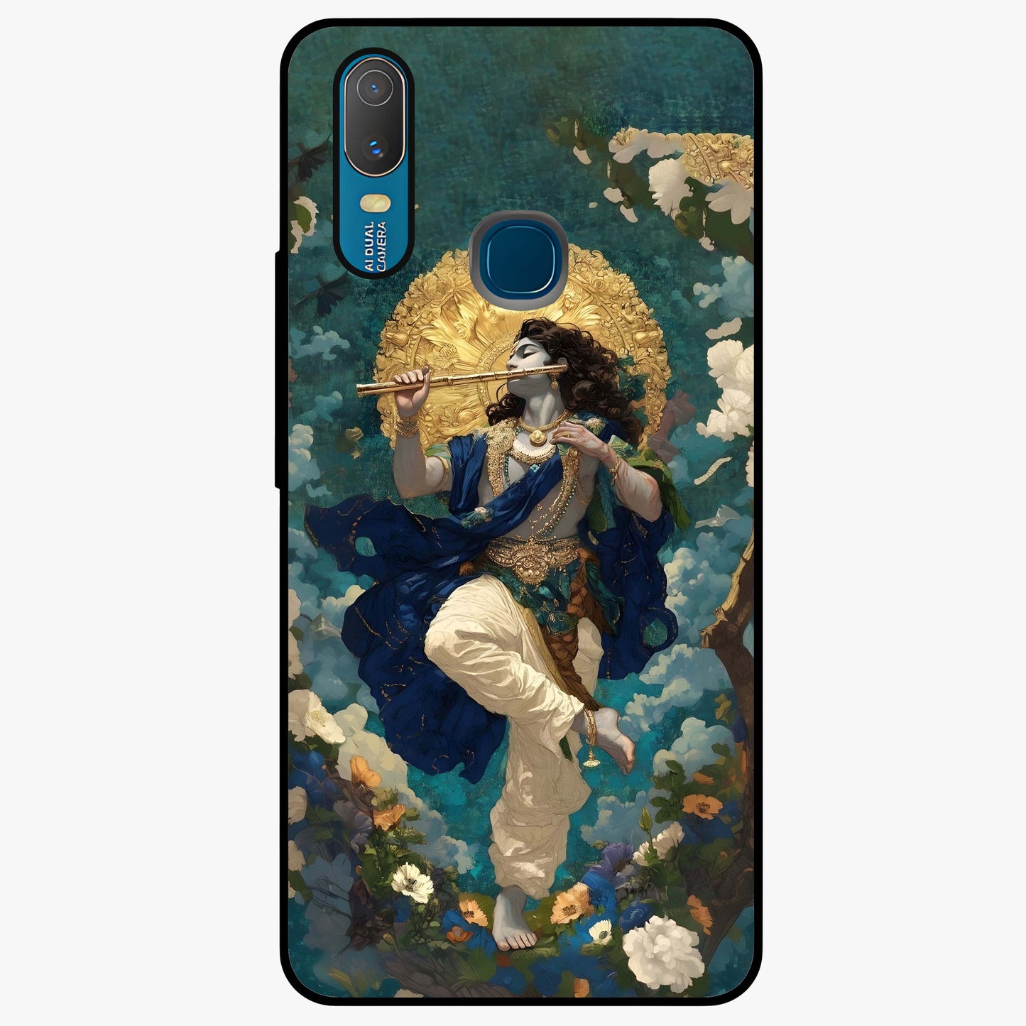 Divine Krishna Art Glass Case showing flat back view with Lord Krishna artwork and glossy glass finish.