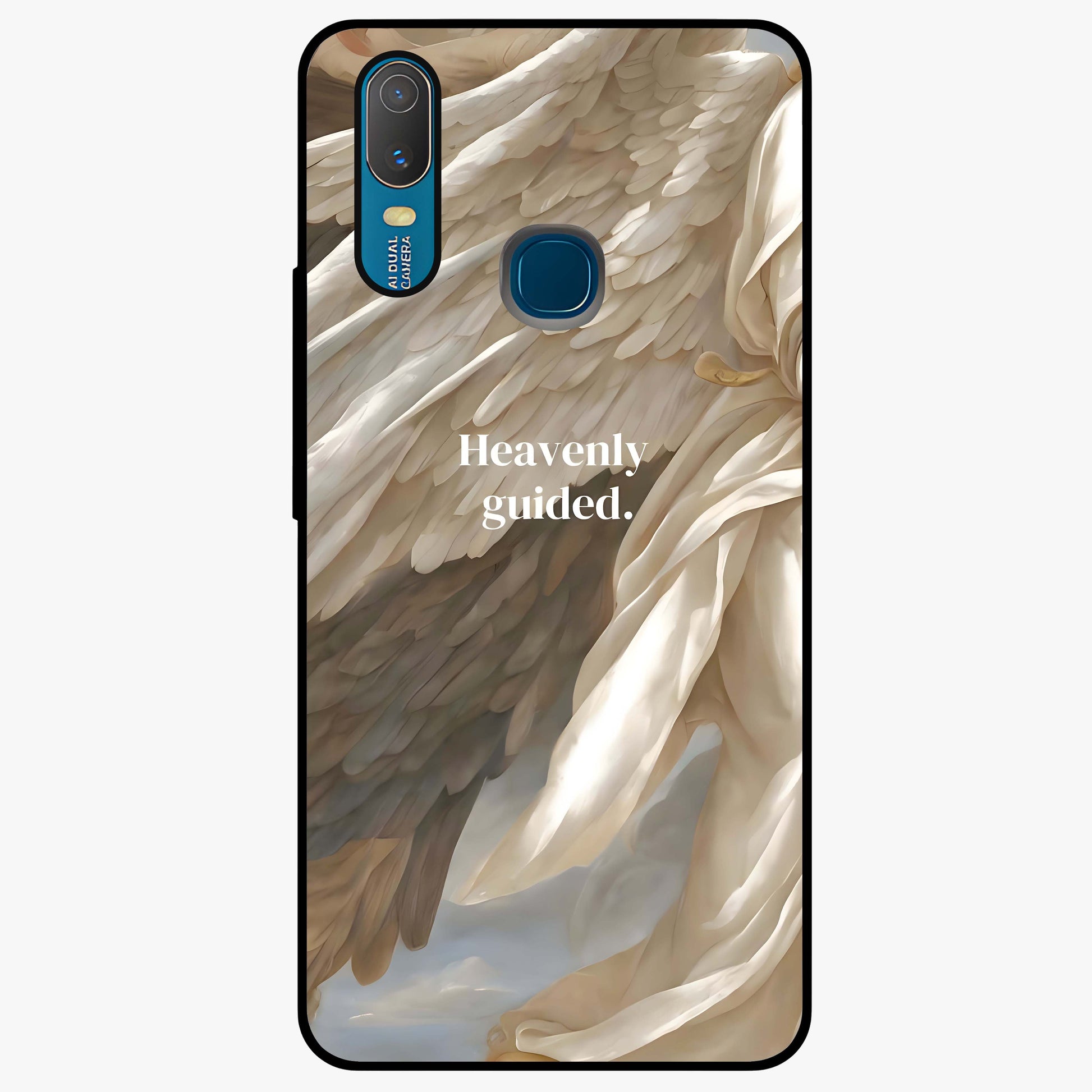 Divine Winged Grace Glass Case showing flat back view with elegant wing inspired artwork and glossy glass finish.