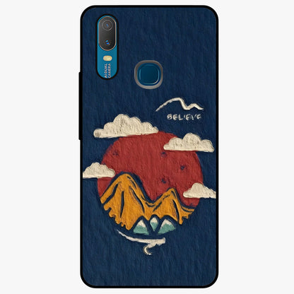 Dream Beyond Mountains Glass Case showing flat back view with scenic mountain landscape artwork and glossy glass finish.