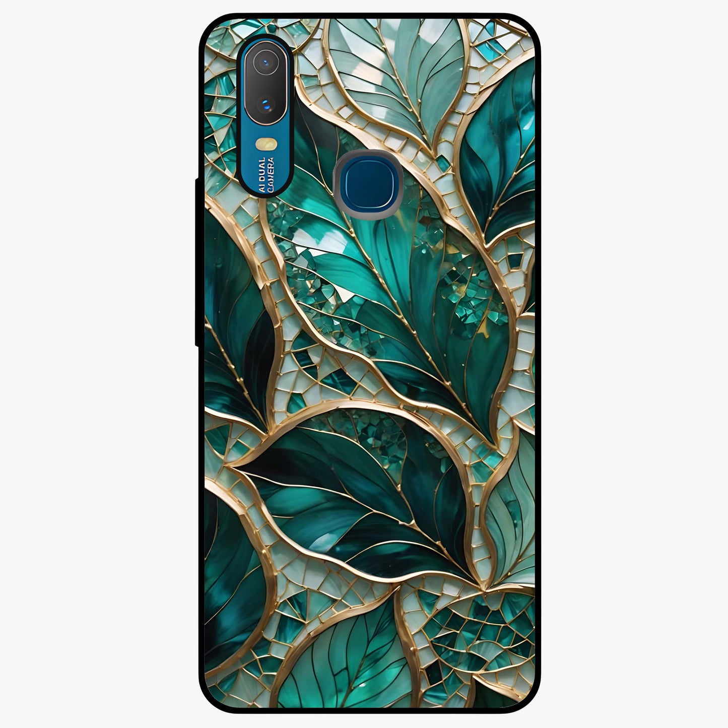 Emerald Leaf Glass Glass Case showing flat back view with emerald green leaf artwork and glossy glass finish.